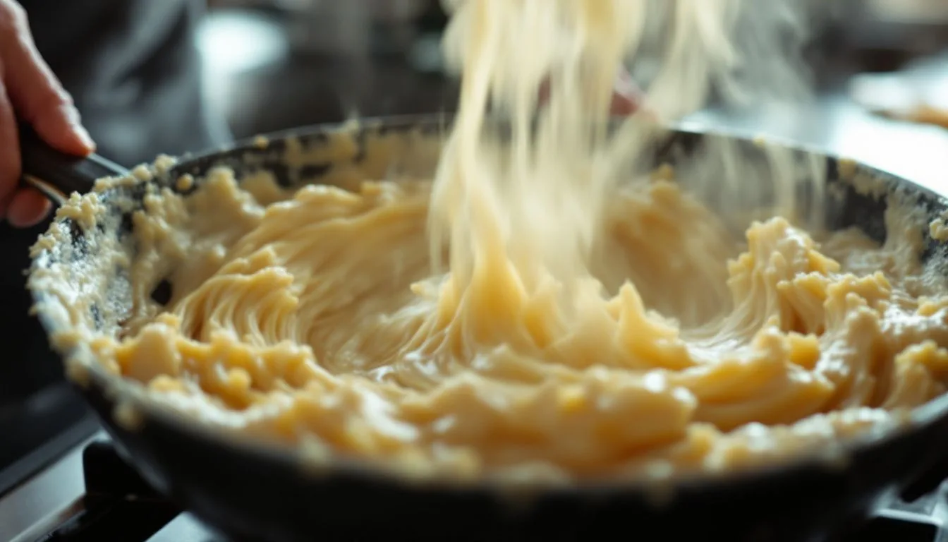 Fermented hopper batter being swirled up the sides of a hot carbon-steel hopper pan, steam rising, hands mid-motion,