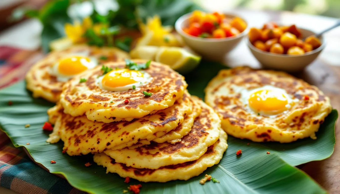 A rustic breakfast spread of several egg hoppers stacked on a banana leaf with bowls of lunu miris and seeni sambol,