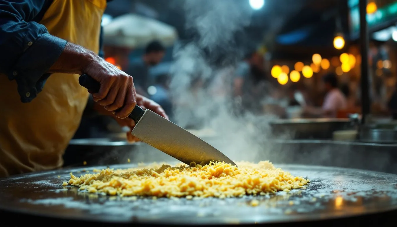 A busy Sri Lankan street food cook chopping kottu on a large flat metal griddle with two blades, steam and motion blur,