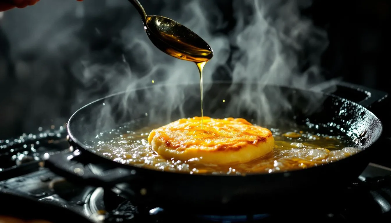 A cooks hands frying kavum in a dark iron pan of shimmering oil, one cake puffing into a lantern shape, spoon
