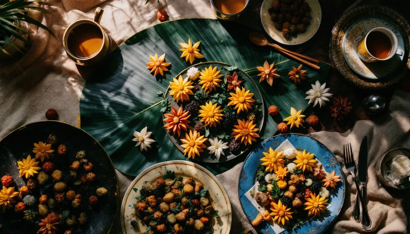 A festive Avurudu table spread with kavum, kokis and aluwa on brass and banana leaf, cups of plain tea, streaming