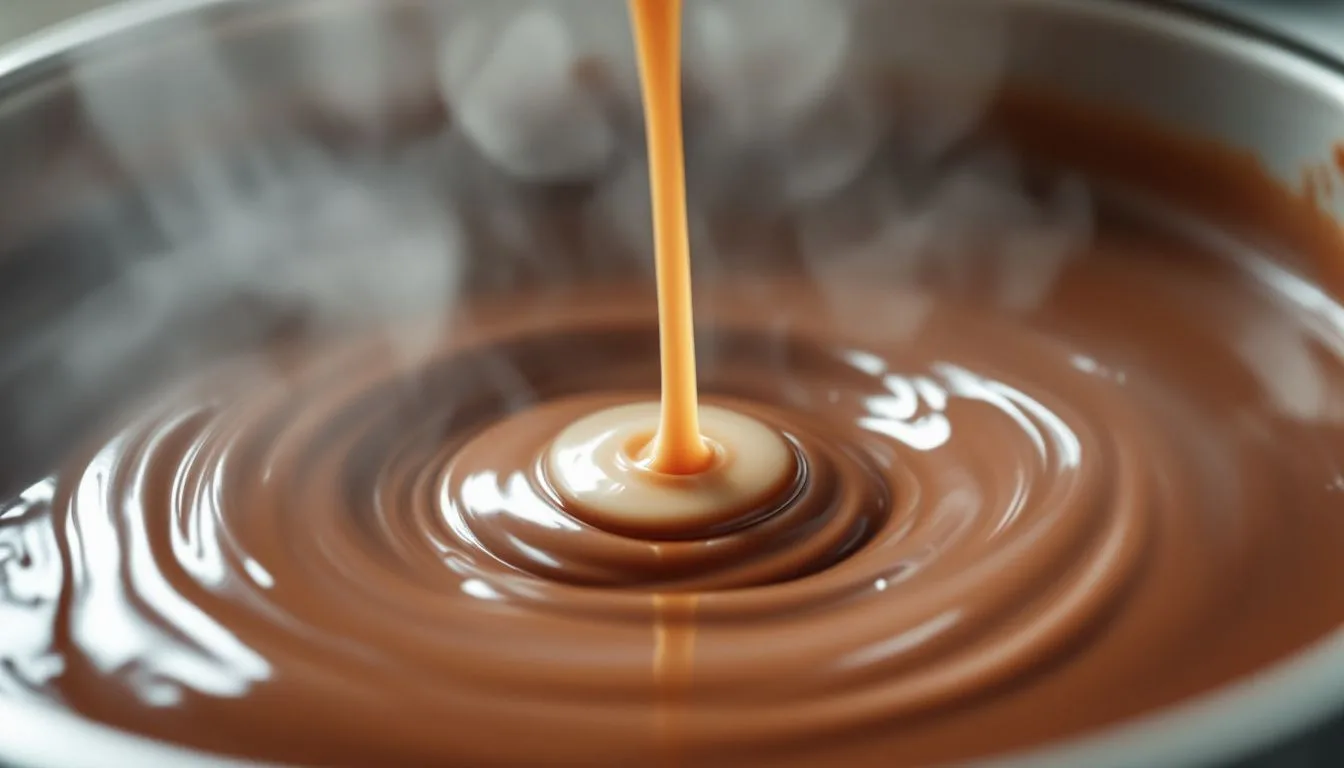Chocolate melting into swirls in a saucepan with condensed milk being poured in, steam rising, soft kitchen light,