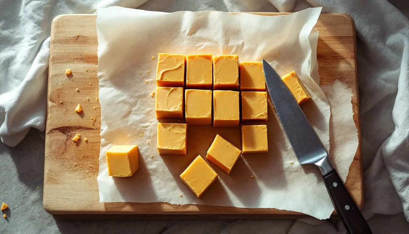 A block of set fudge on a wooden board being sliced into clean squares with a sharp knife, parchment overhang visible,