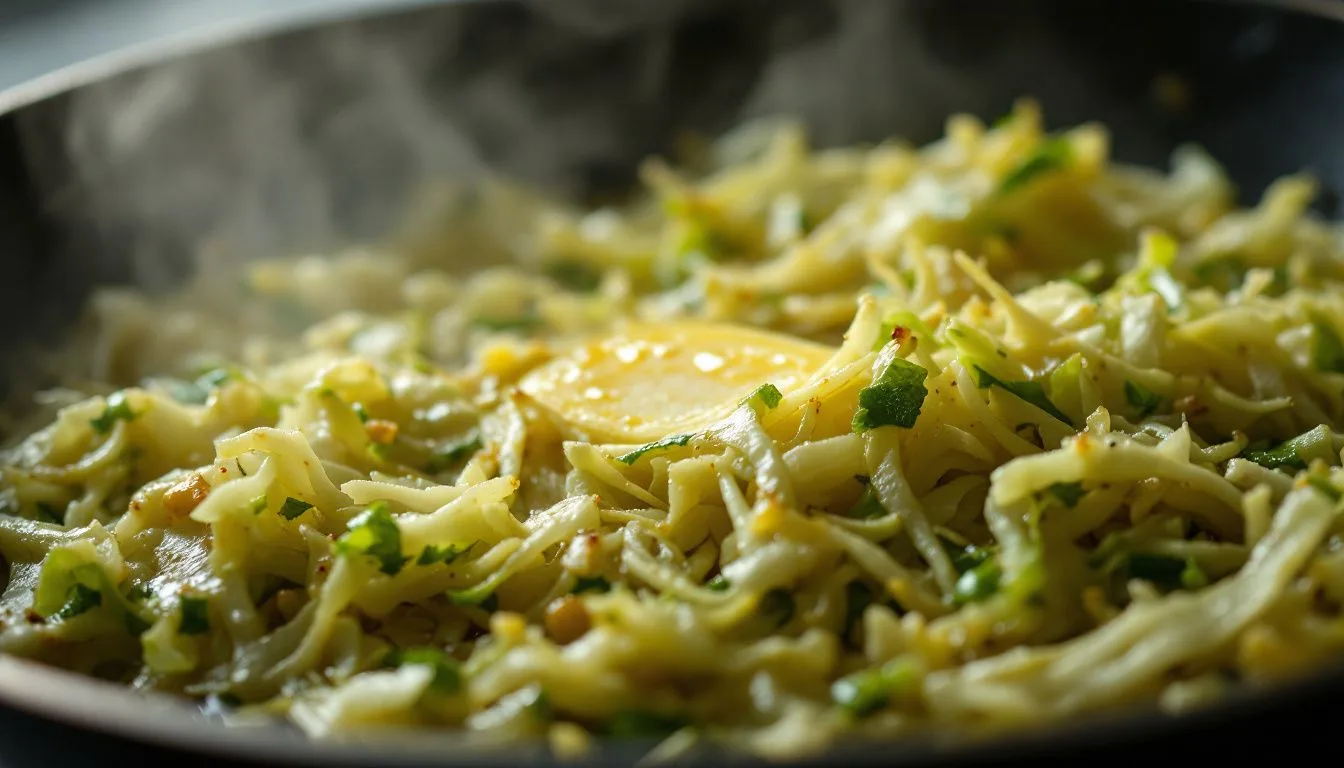 Thinly shredded green cabbage caramelizing in a black skillet with melted butter, golden edges just forming, steam
