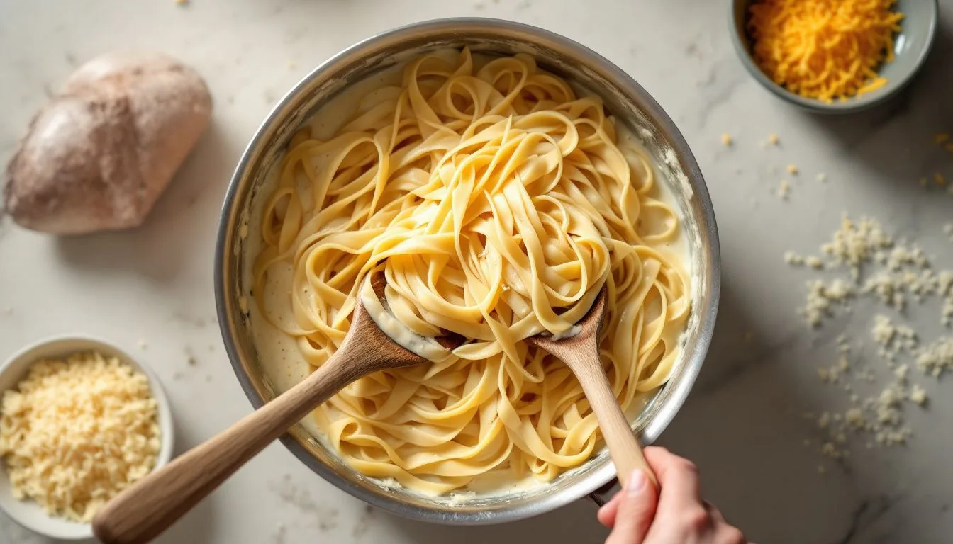 A pot of fettuccine being tossed into a creamy Parmesan sauce with a wooden spoon, starchy pasta water and grated