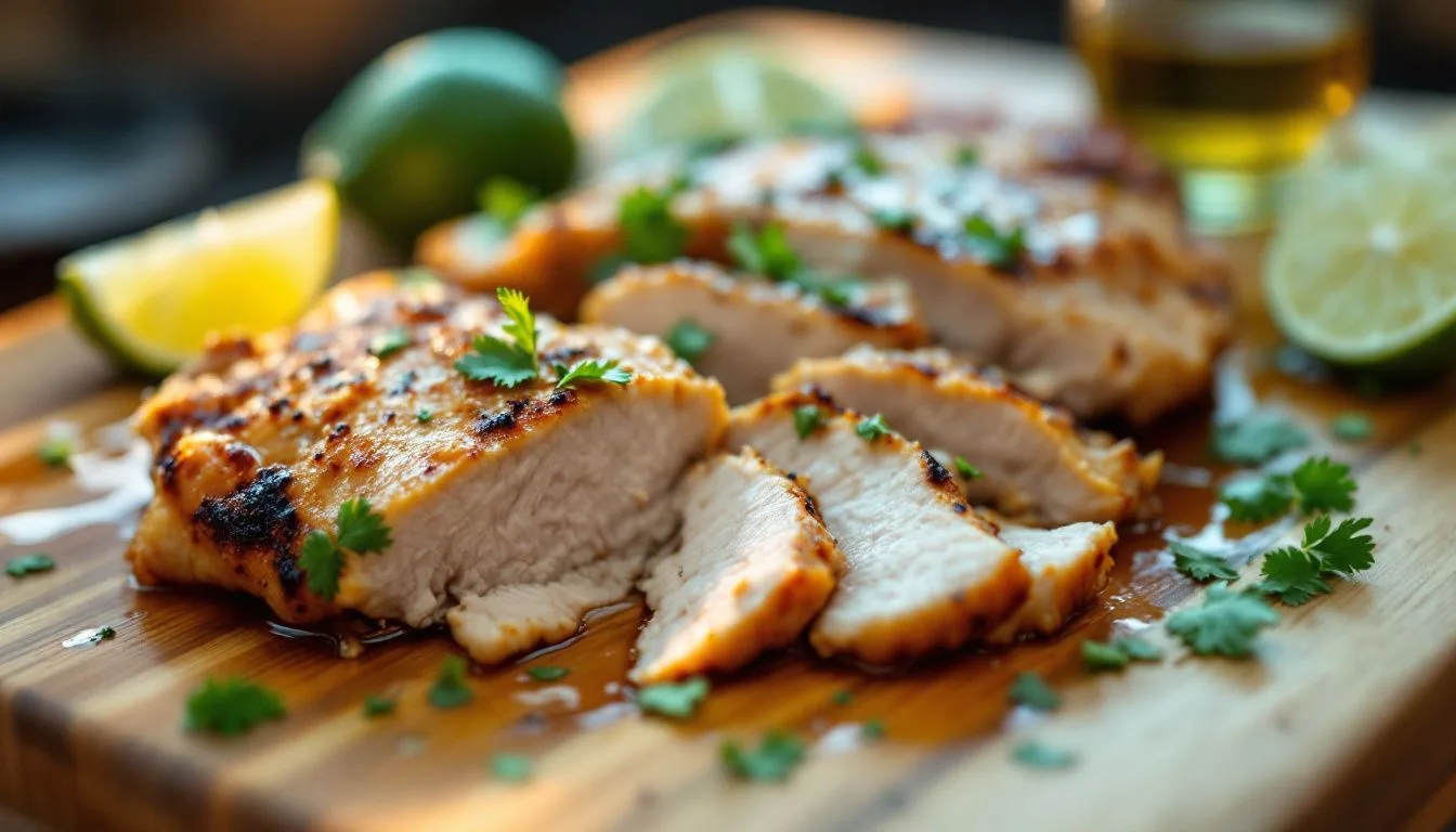 Sliced seared chicken thighs resting on a wooden cutting board with lime wedges and scattered cilantro, warm kitchen