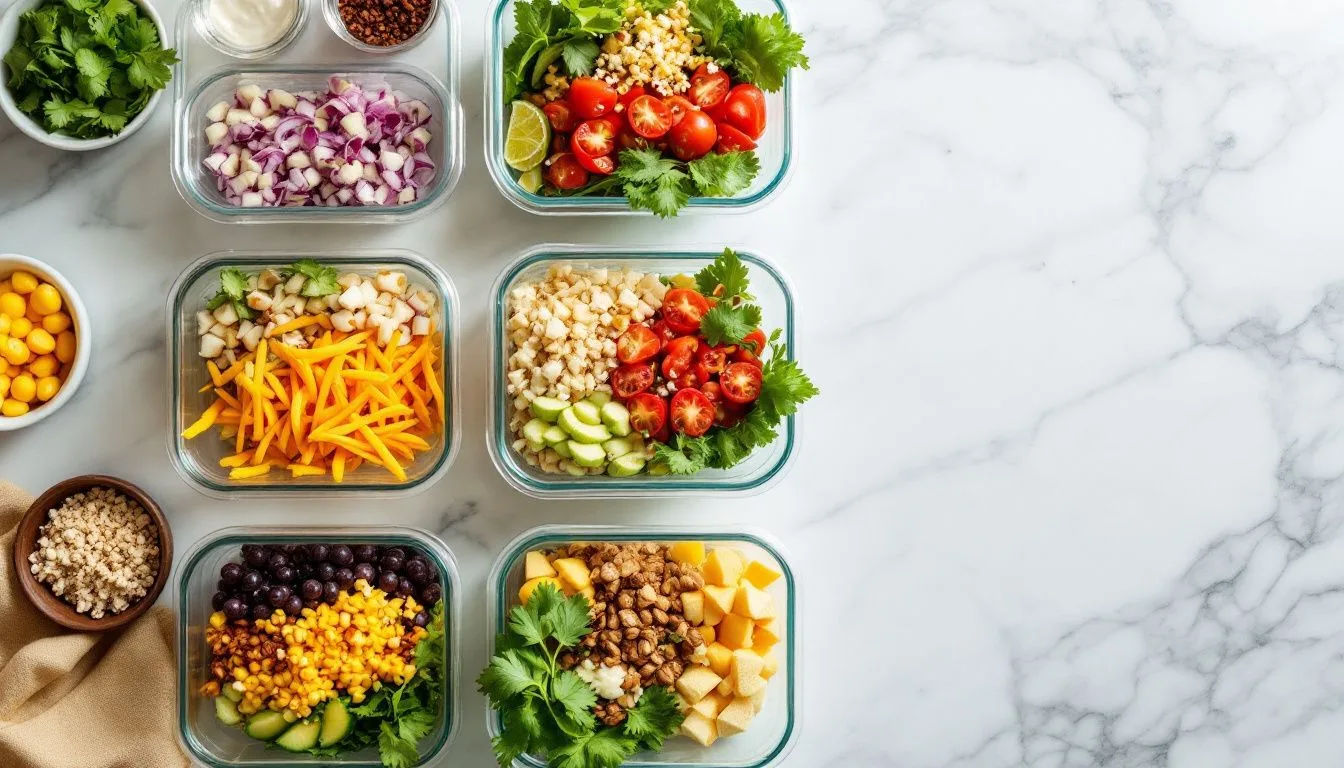 A row of glass meal-prep containers filled with burrito bowl components on a marble counter, bright even daylight,