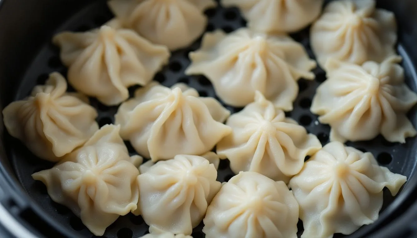 Overhead shot of raw frozen dumplings arranged in a single layer inside an air fryer basket with visible gaps between