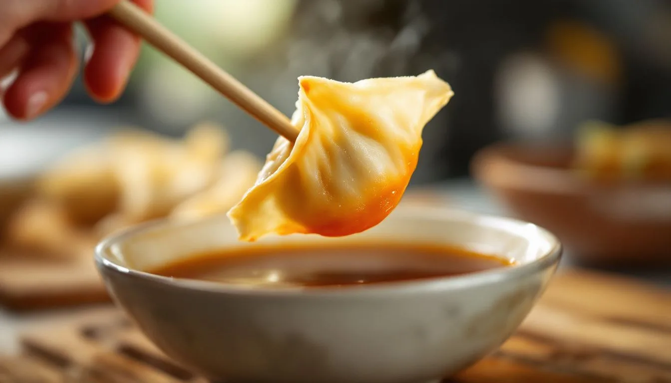 A hand lifting a single crispy dumpling with chopsticks and dipping it into a bowl of soy-vinegar chili sauce, blurred