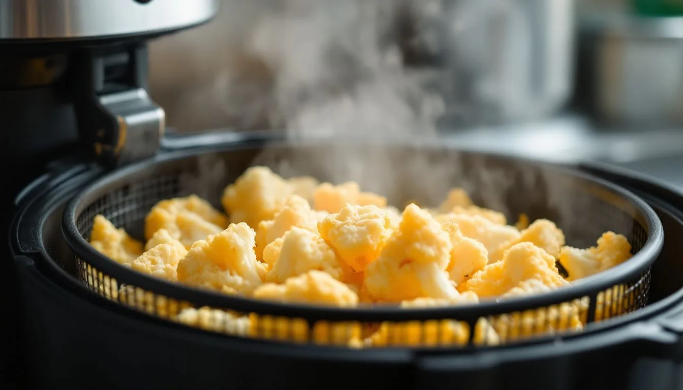 An open air fryer basket filled with battered cauliflower florets mid-cook, hot air haze rising, stainless steel
