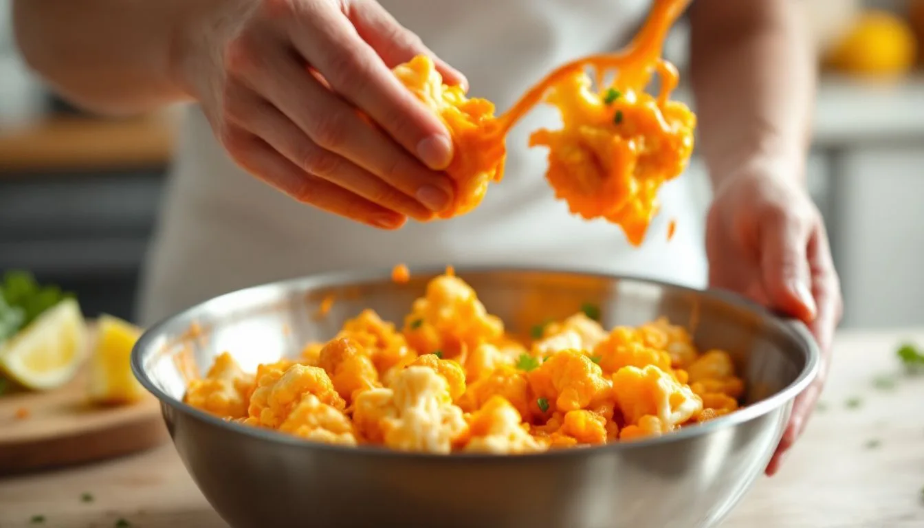 A hand tossing cooked cauliflower florets in a metal bowl with bright buffalo sauce, motion blur on the sauce, bright