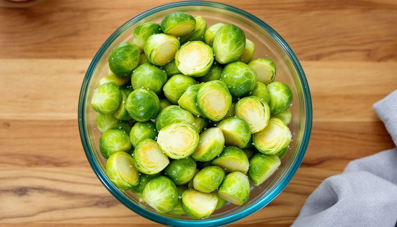 Halved raw Brussels sprouts tossed with olive oil and salt in a glass bowl on a wooden kitchen counter, bright