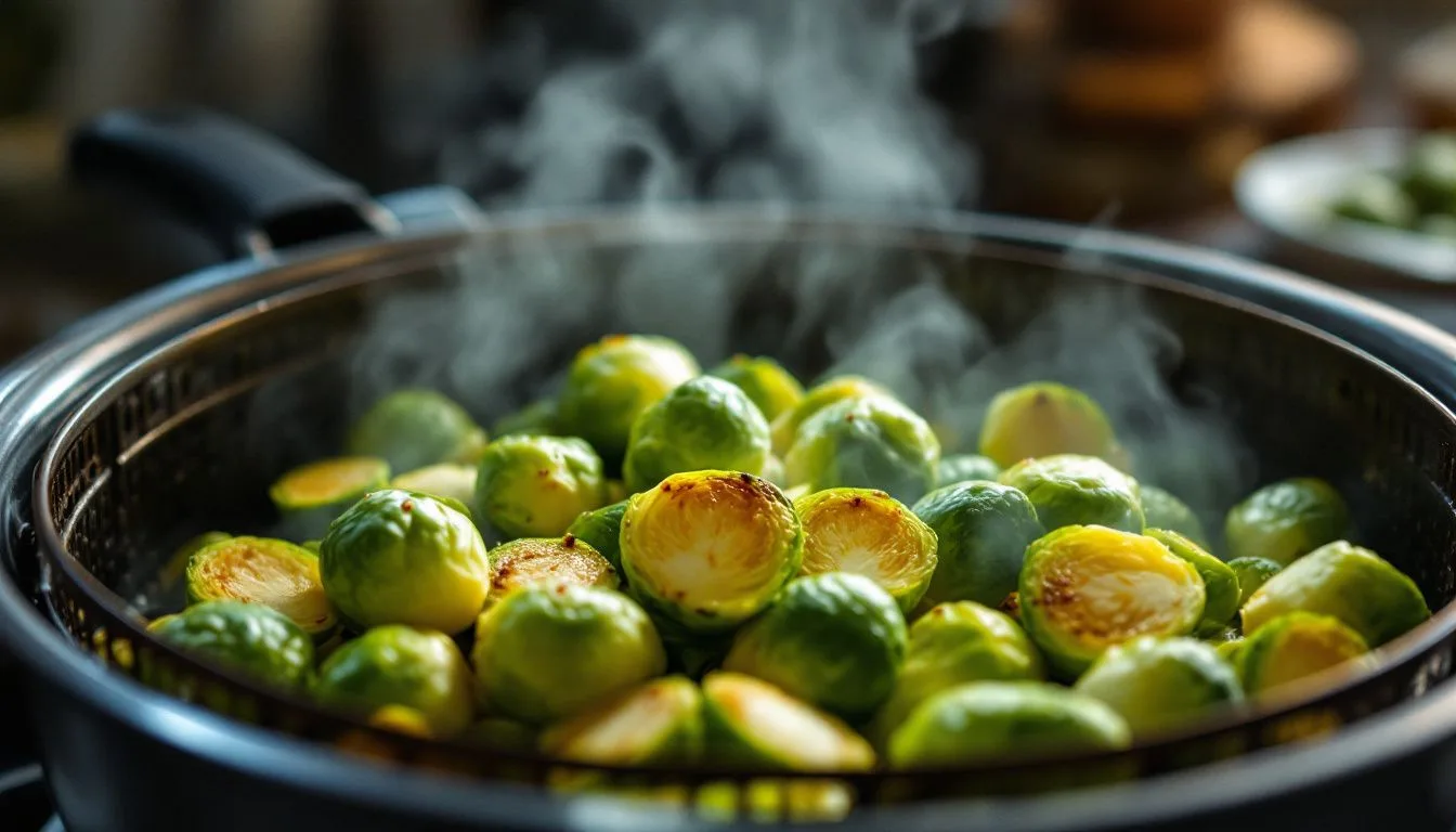 Brussels sprouts arranged cut-side down in an open air fryer basket, steam rising, warm indoor kitchen lighting, 35mm