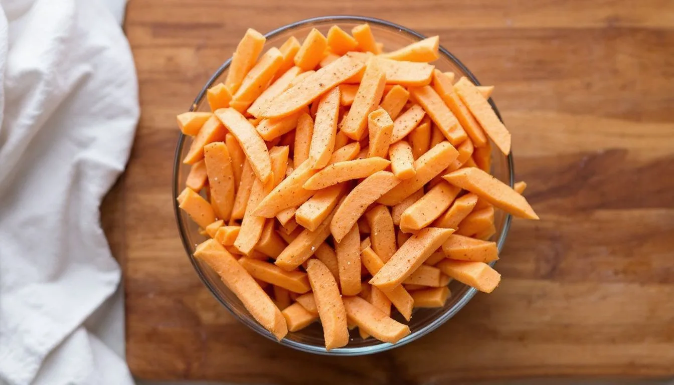 Raw sweet potato sticks tossed with cornstarch and smoked paprika in a glass bowl on a wooden cutting board, soft