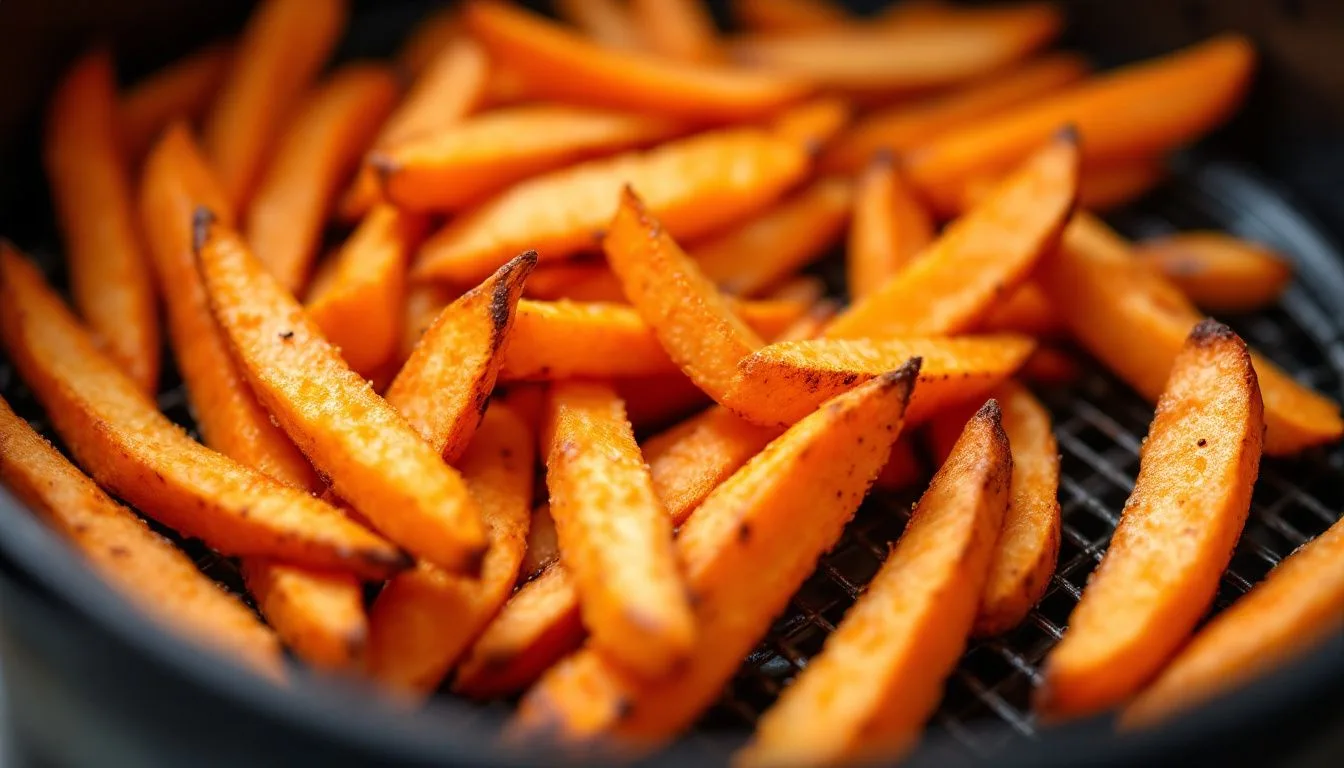 Sweet potato fries arranged in a single layer inside an open air fryer basket, mid-cook with browning edges, warm
