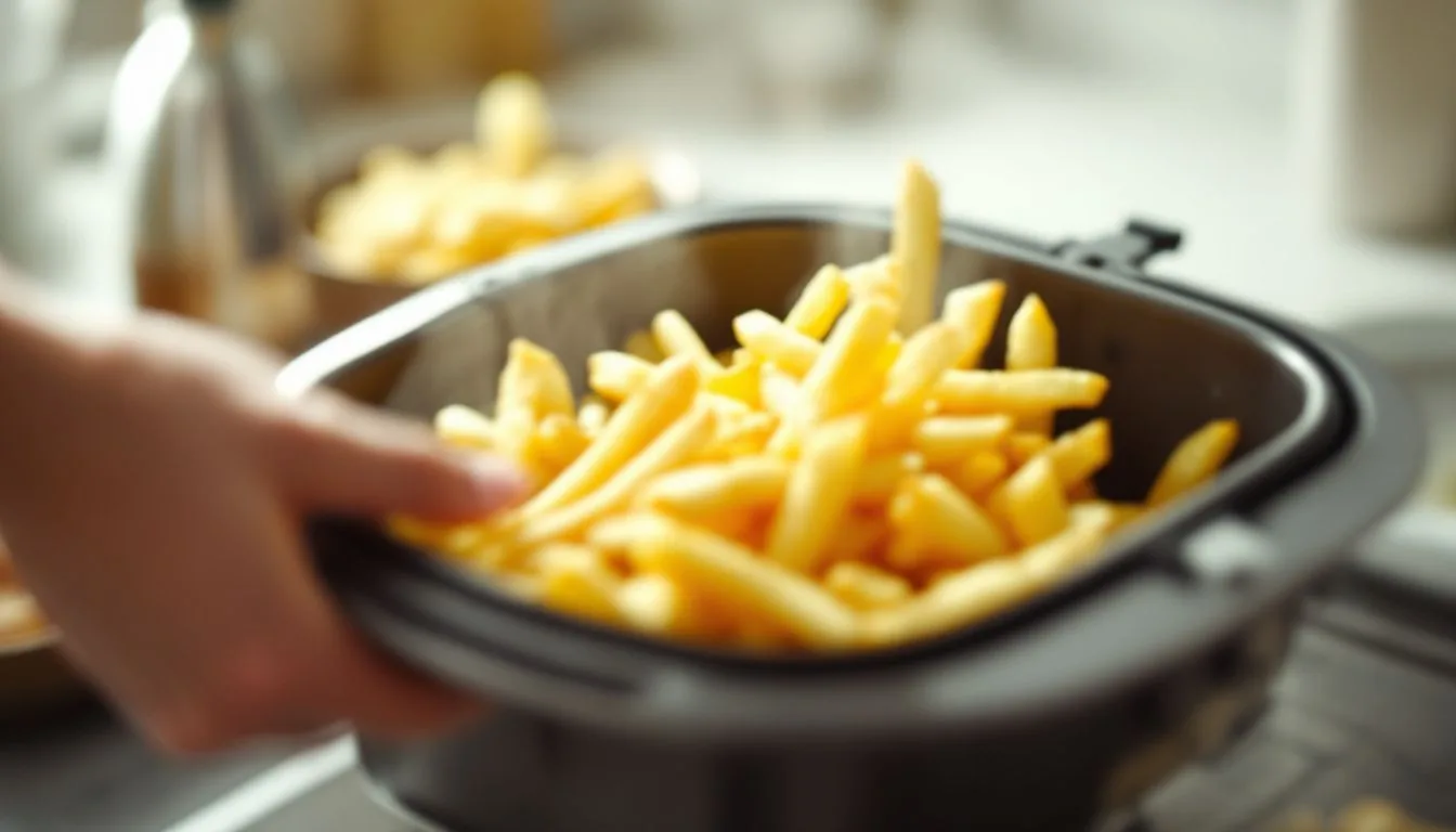 A hand shaking an open air fryer basket half-full of frozen fries, motion blur on the fries, bright kitchen counter,