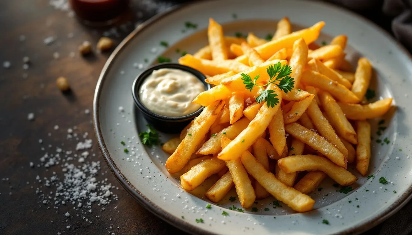 A white ceramic plate of crispy fries with a small bowl of aioli and ketchup, sprinkled with parsley and salt flakes,