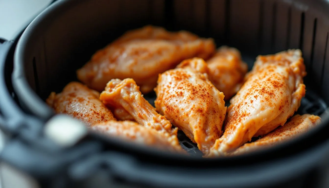Raw seasoned chicken wings arranged in a single layer inside an air fryer basket, soft overhead kitchen light, macro