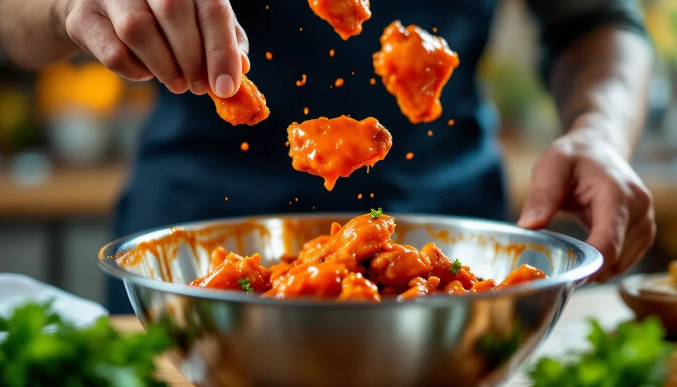A hand tossing cooked chicken wings in a glossy Buffalo sauce inside a stainless steel bowl, motion blur on the toss,