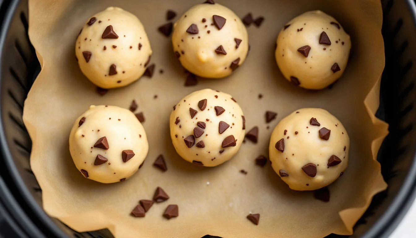 Overhead shot of raw cookie dough balls dotted with chopped chocolate lined up on parchment inside an air fryer basket,
