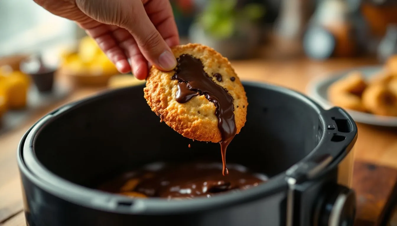 A hand lifting a broken-open air fryer cookie with a chocolate stretch pull, warm afternoon light on a wooden