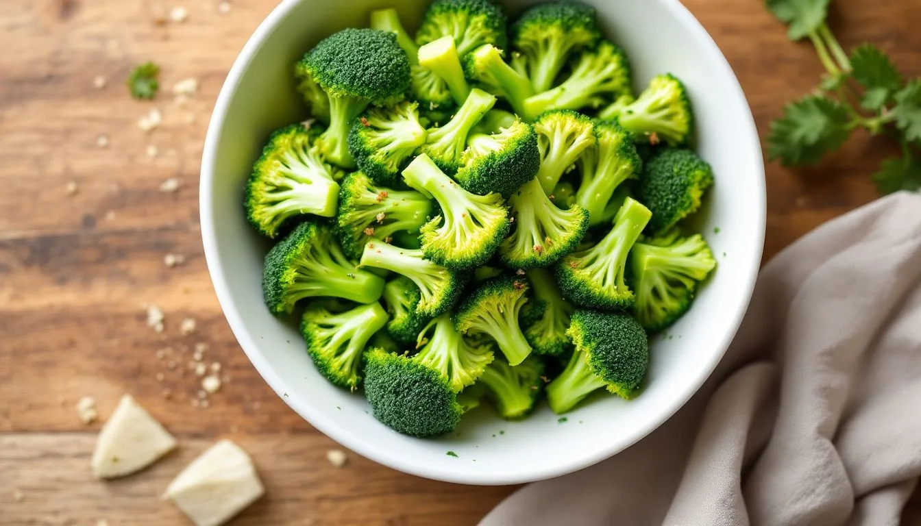 Fresh raw broccoli florets tossed in olive oil and seasonings in a white ceramic bowl on a wooden countertop, bright