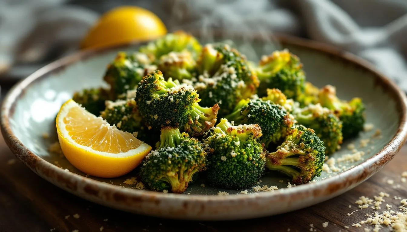 Crispy air fryer broccoli plated on a rustic ceramic dish with a lemon wedge and grated parmesan, soft side lighting,