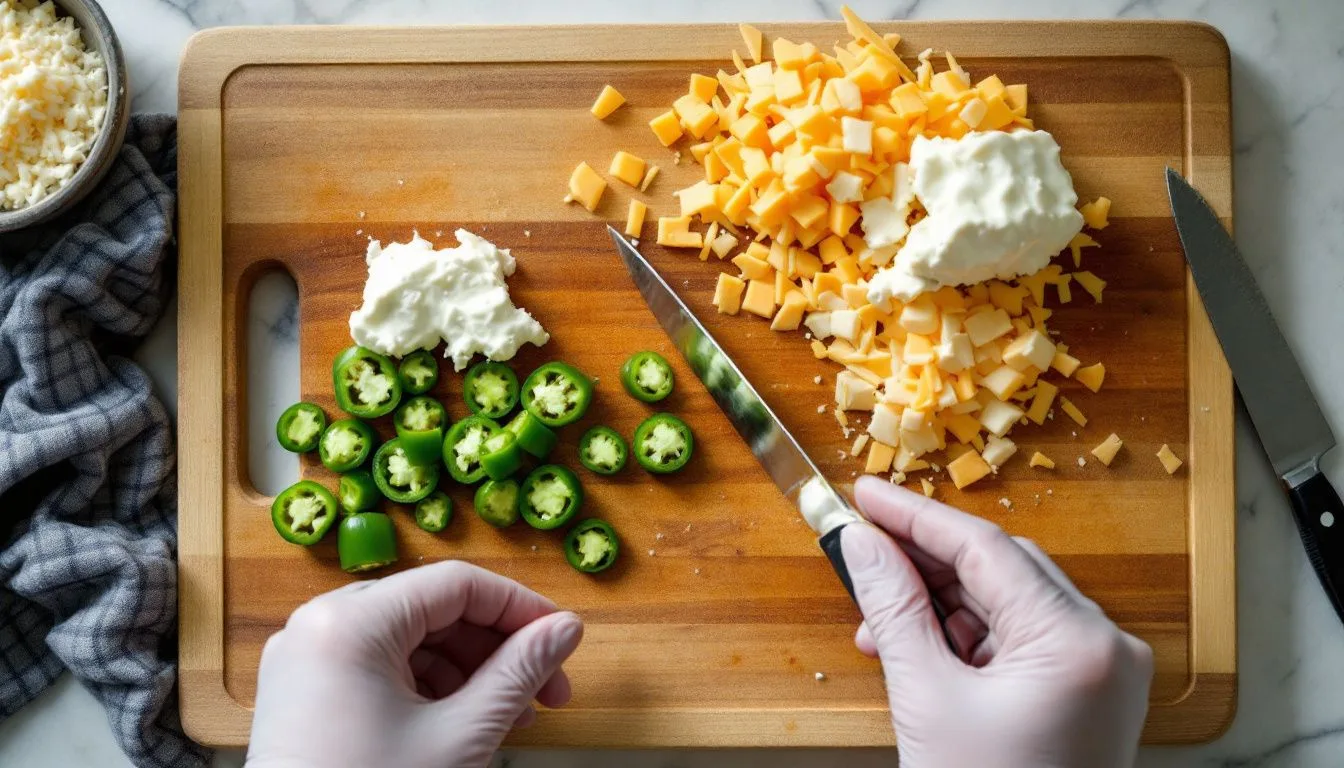 Halved fresh jalapenos being filled with cream cheese and cheddar on a wooden cutting board, hands in the frame wearing