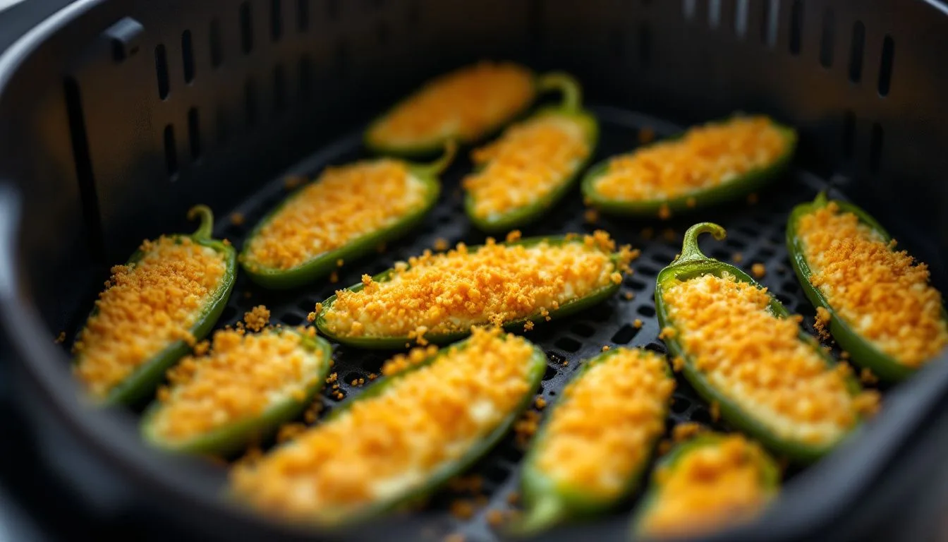 Jalapeno poppers arranged in a single layer inside an air fryer basket just before cooking, panko topping visible, soft