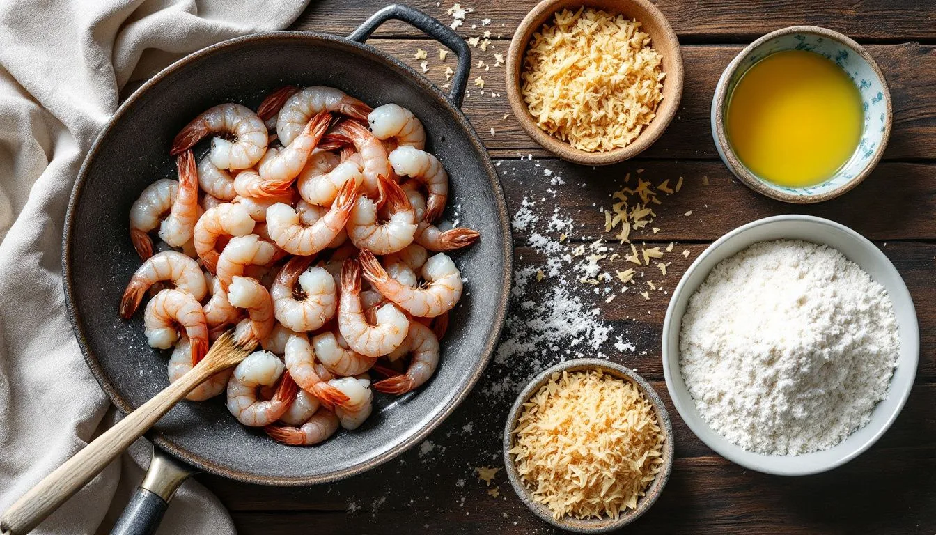 Overhead flat lay of a dredging station with raw shrimp, a bowl of shredded coconut and panko, flour, and beaten egg on