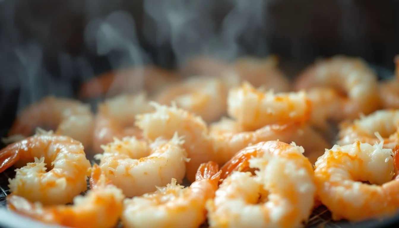Coconut shrimp arranged in a single layer inside an open air fryer basket mid-cook, golden and slightly toasted, steam