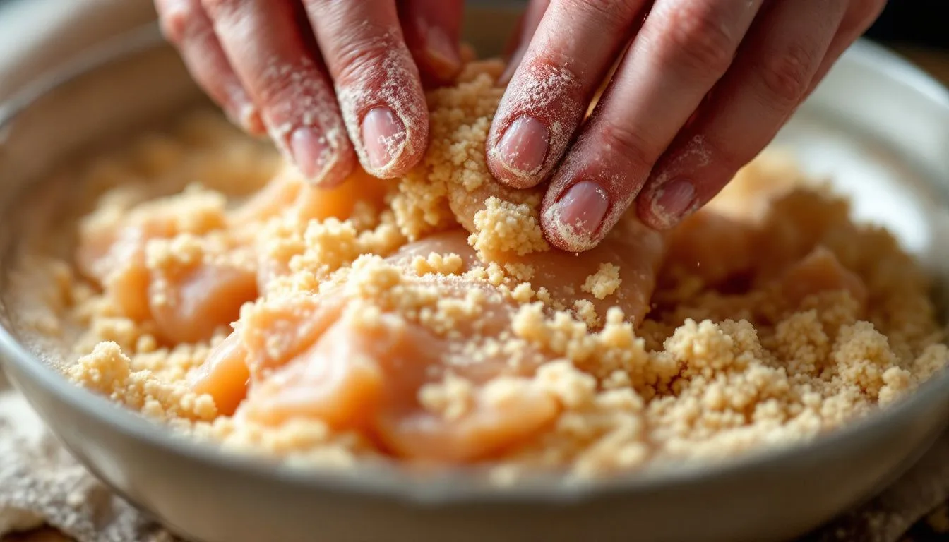 Raw chicken tenders being pressed into panko breadcrumbs in a shallow bowl, hands dusted with flour, soft daylight from