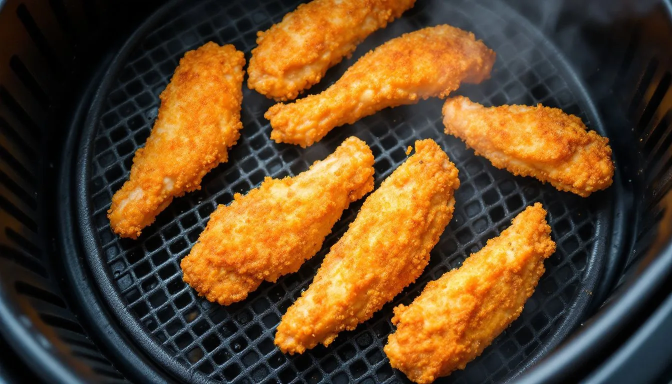 Chicken tenders arranged in a single layer inside an open air fryer basket, golden and crisp with light steam rising,
