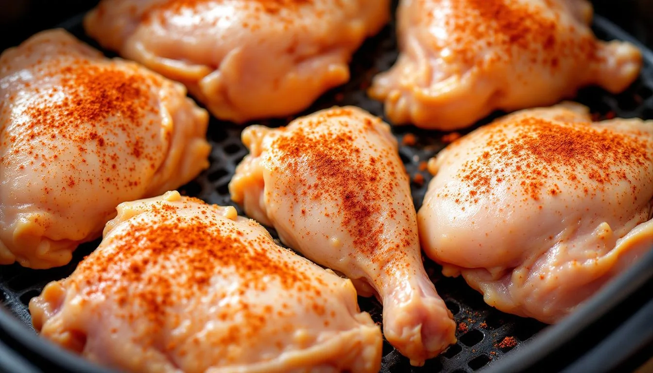 Raw seasoned chicken thighs arranged skin-side up in a black air fryer basket, dusted with paprika and spice rub,