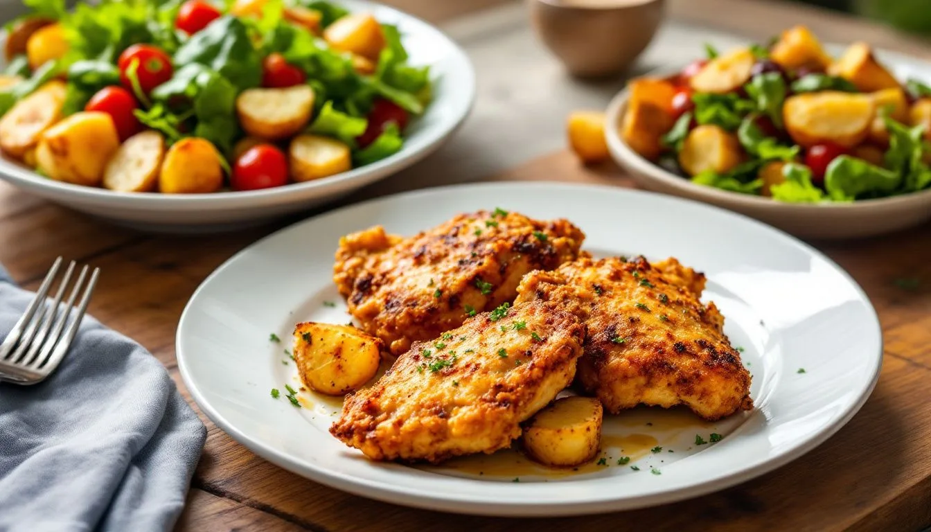 A plated dinner of crispy air fryer chicken thighs beside roasted potatoes and a green salad on a wooden table, natural