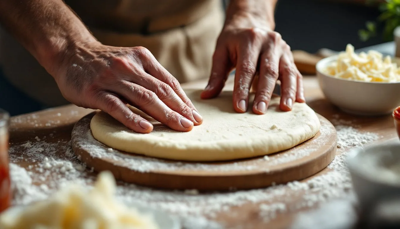 Hands stretching pizza dough on a floured wooden board with a bowl of tomato passata and grated mozzarella nearby, ,