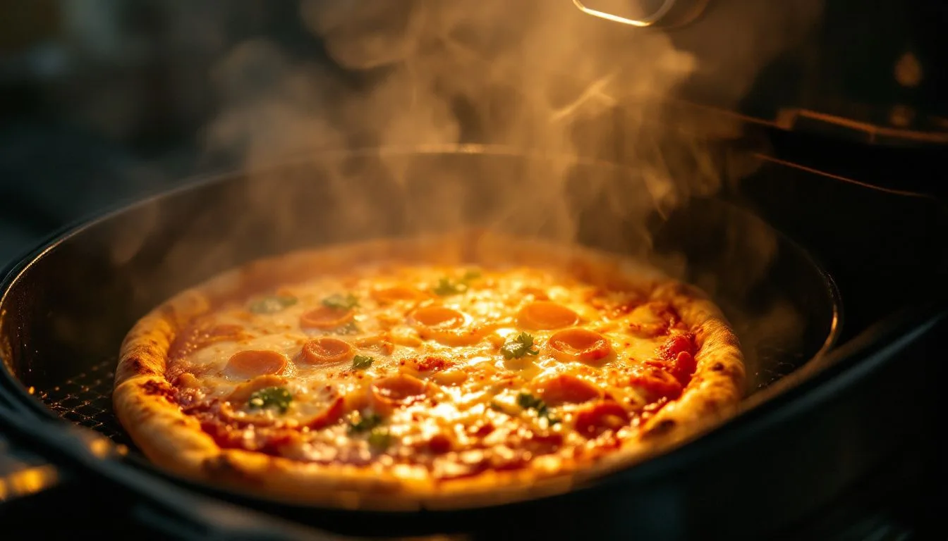 An open air fryer with a small pizza inside mid-cook, cheese just starting to brown, steam rising, moody kitchen