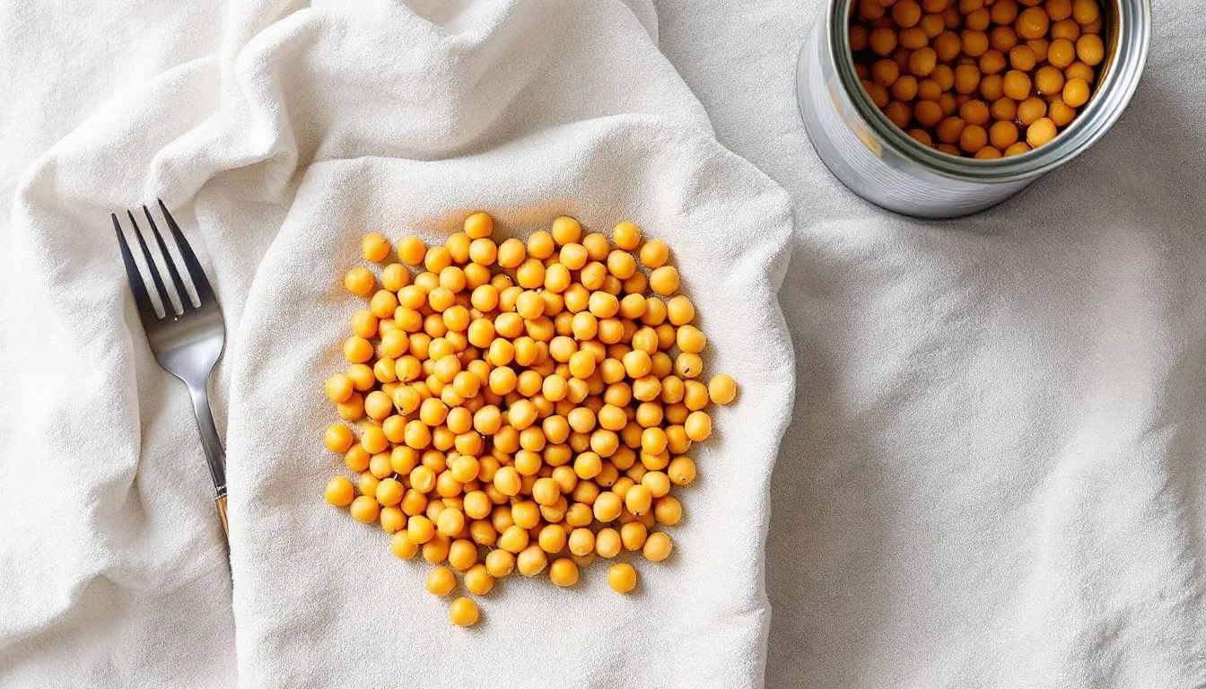 Chickpeas being patted dry on a linen towel next to an open can, soft daylight from a window, overhead angle, clean and