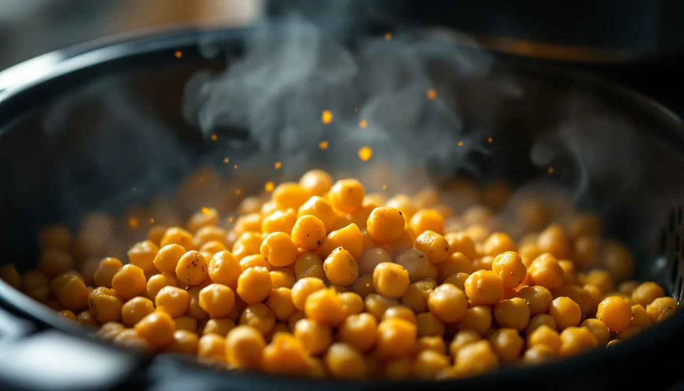 An air fryer basket half-open showing golden roasted chickpeas mid-shake, steam rising, moody kitchen lighting, close