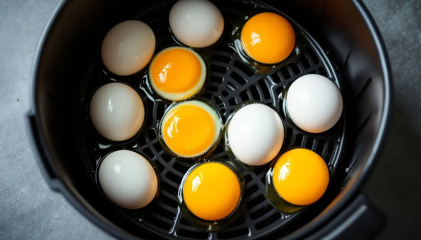 Whole eggs arranged in a single layer inside a black air fryer basket, top-down view, crisp kitchen lighting, realistic