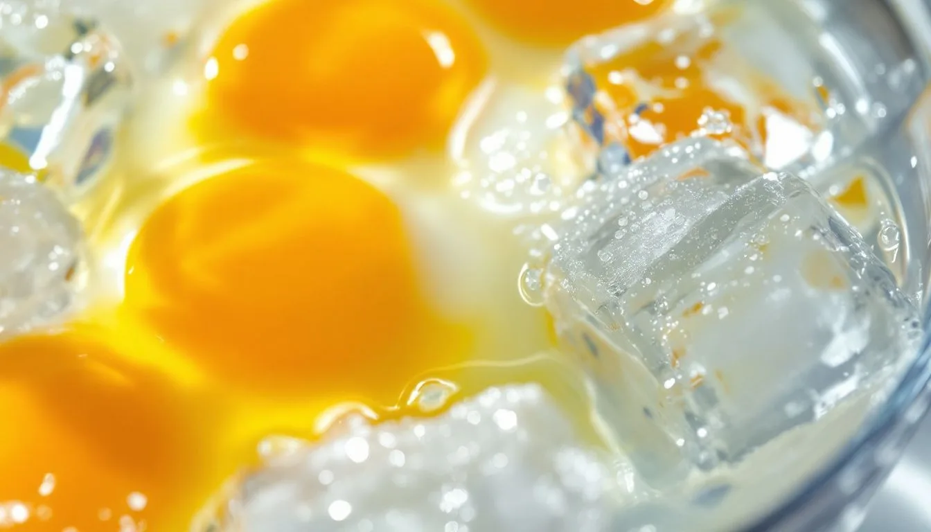 Cooked eggs submerged in a glass bowl of ice water with cubes floating, bright daylight, condensation on the glass,