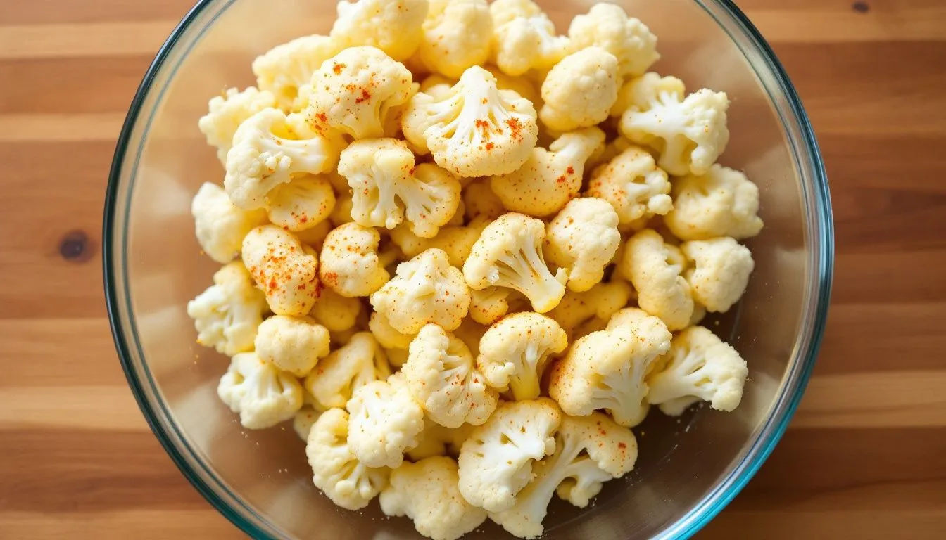 Raw cauliflower florets tossed with olive oil and paprika in a glass mixing bowl on a wooden countertop, bright morning