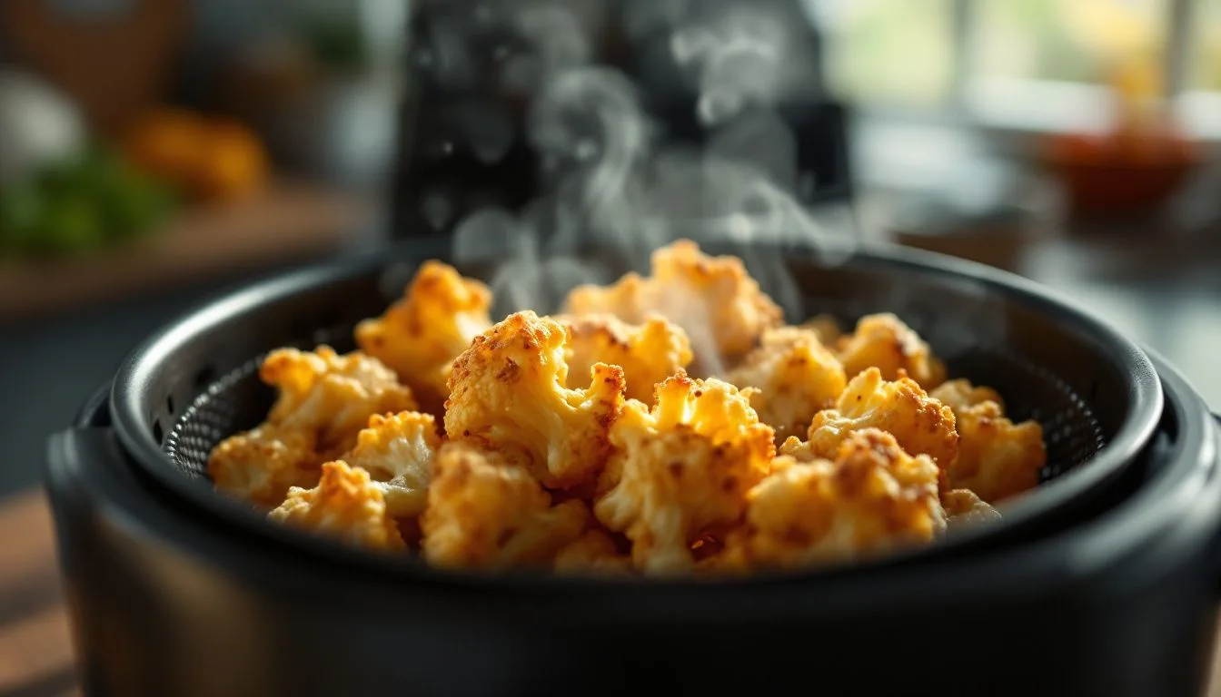 An open air fryer basket revealing browned crispy cauliflower florets mid-shake, steam rising, kitchen background