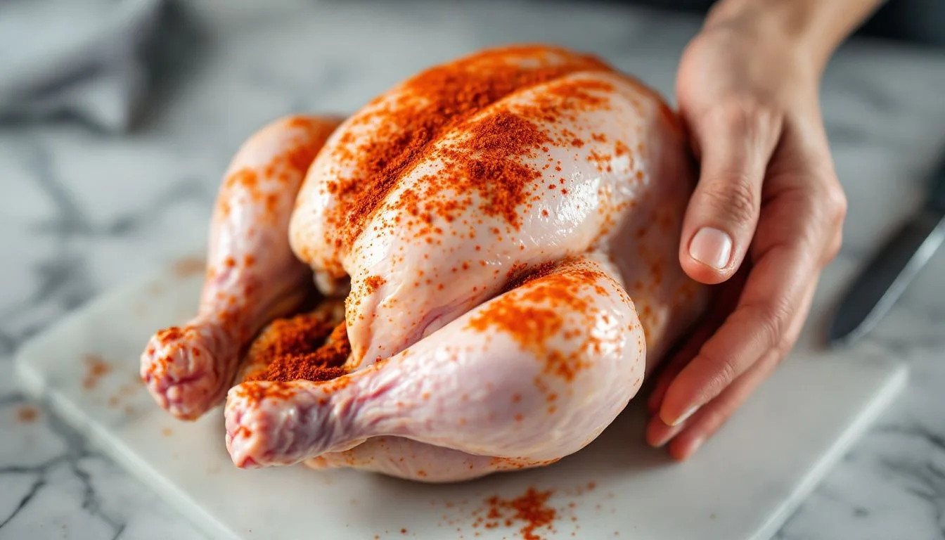 A raw whole chicken being rubbed with paprika and herb seasoning on a marble counter, hands mid-motion, soft daylight