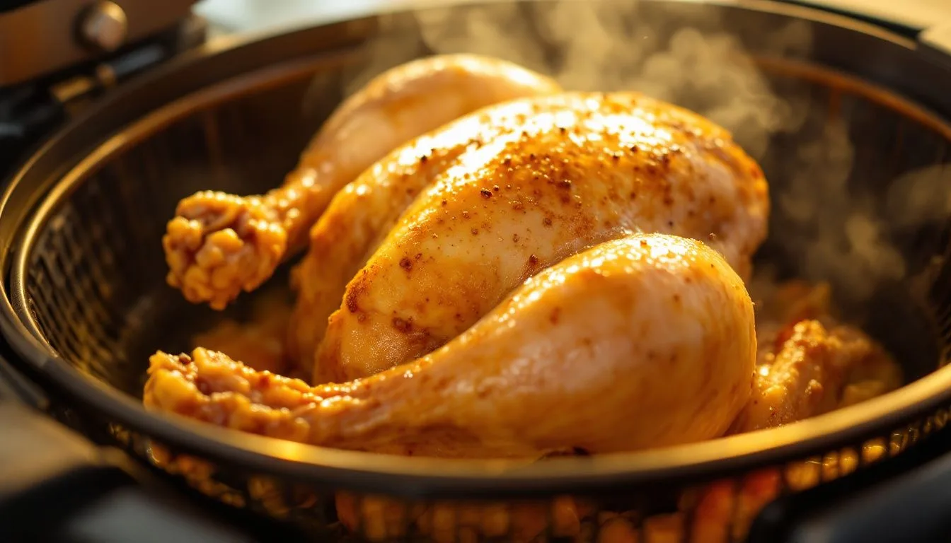 A whole chicken sitting inside an open air fryer basket, skin turning golden and crisp under the heating element, steam