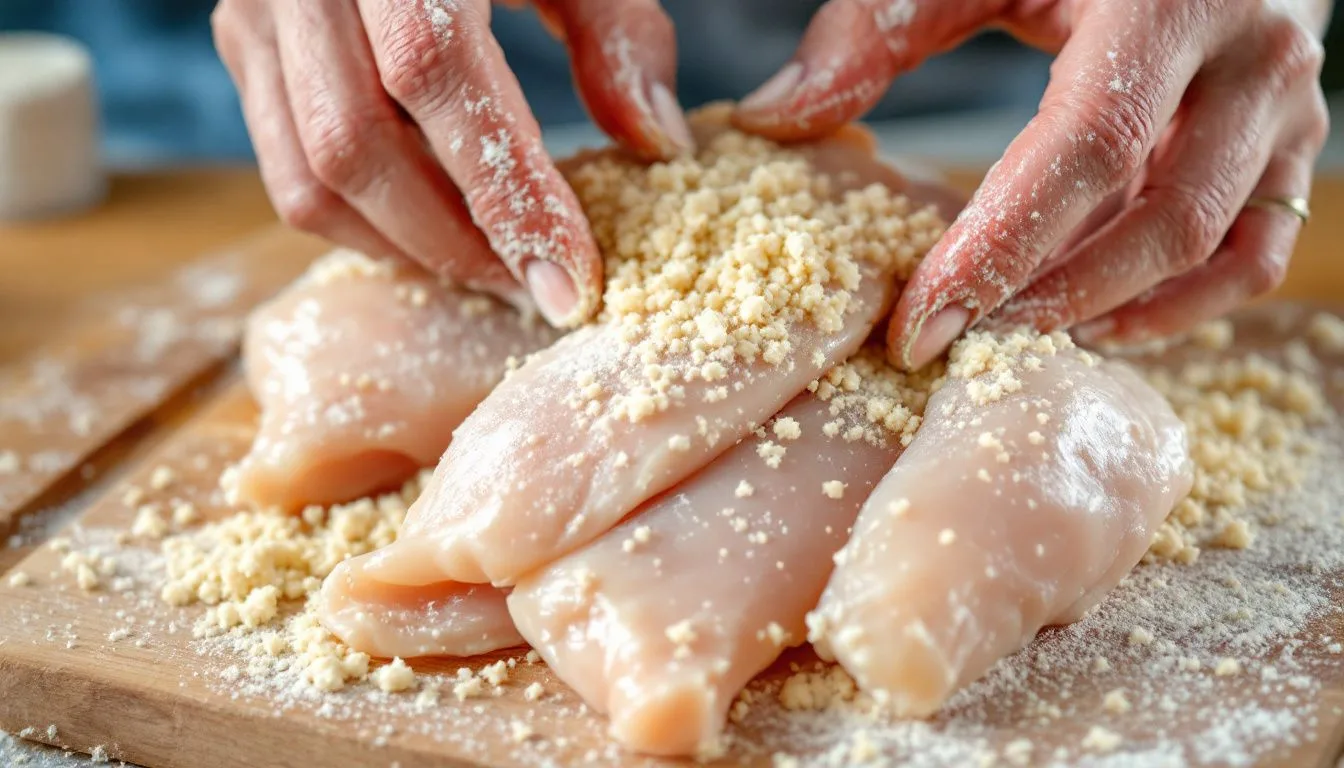 Raw chicken pieces being pressed into seasoned panko breadcrumbs on a wooden board, hands dusted with flour, soft