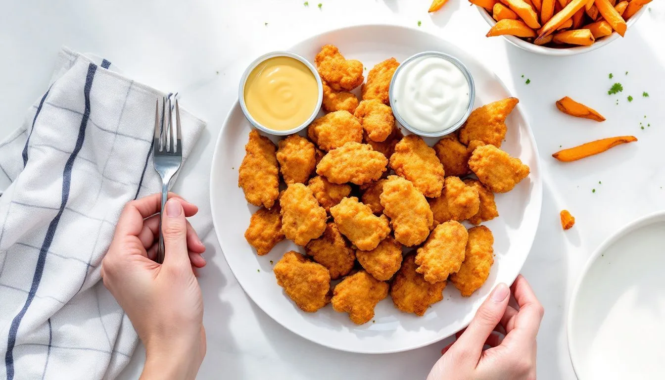 A plate of finished air fryer chicken nuggets served with small bowls of honey mustard and ranch, sweet potato fries on