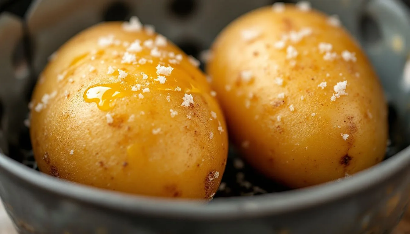 Two whole russet potatoes rubbed with oil and flaky salt sitting inside an open air fryer basket, soft directional