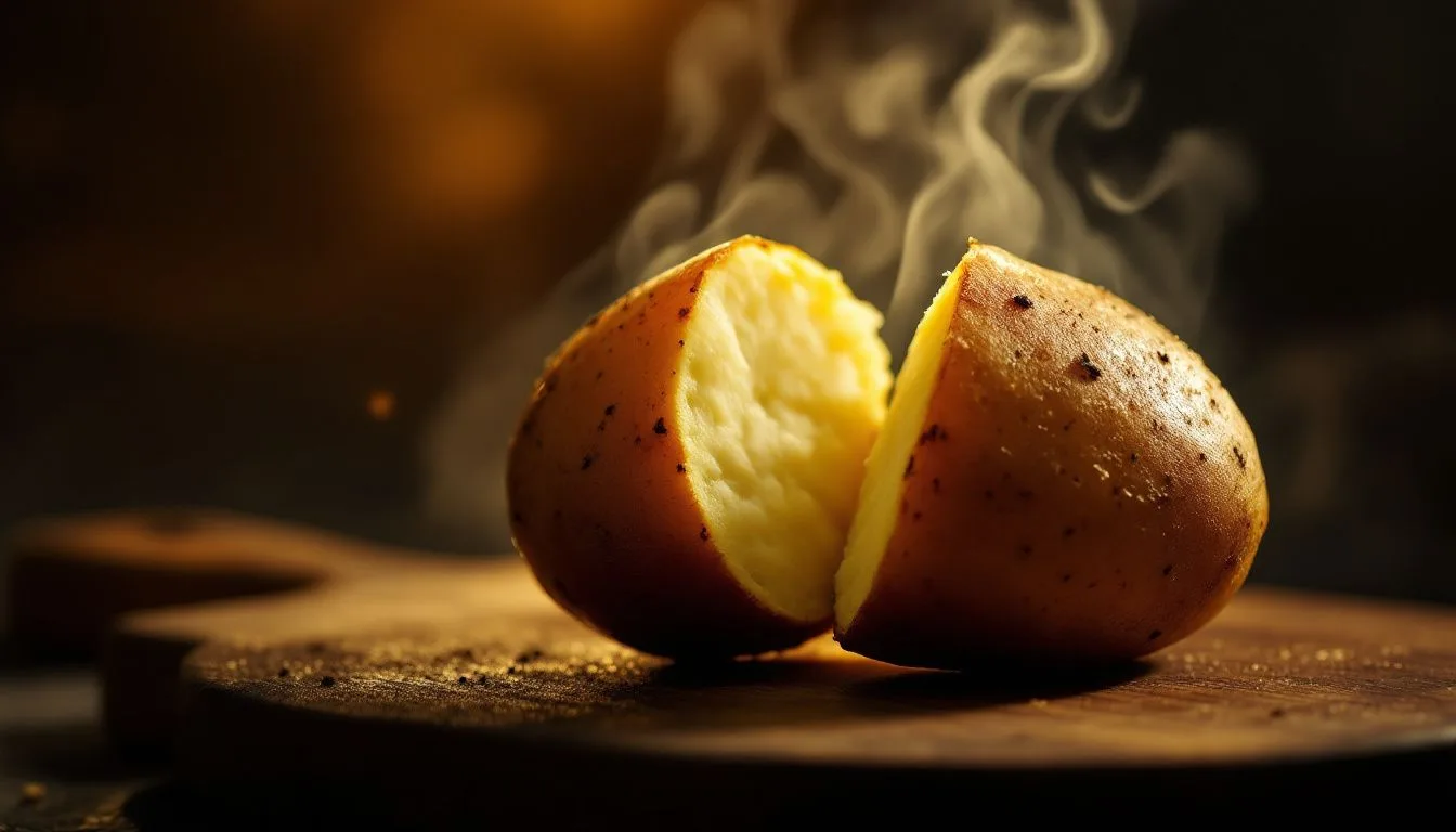 A steaming baked potato pulled apart to reveal fluffy white interior, held over a wooden cutting board, backlit steam