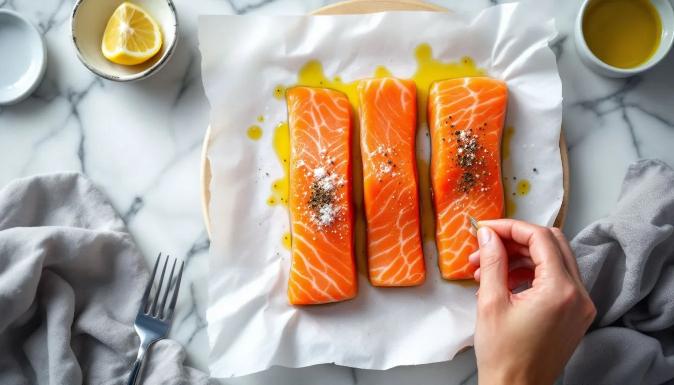 Overhead shot of raw salmon fillets on parchment being seasoned with olive oil, salt, and cracked pepper, a small bowl